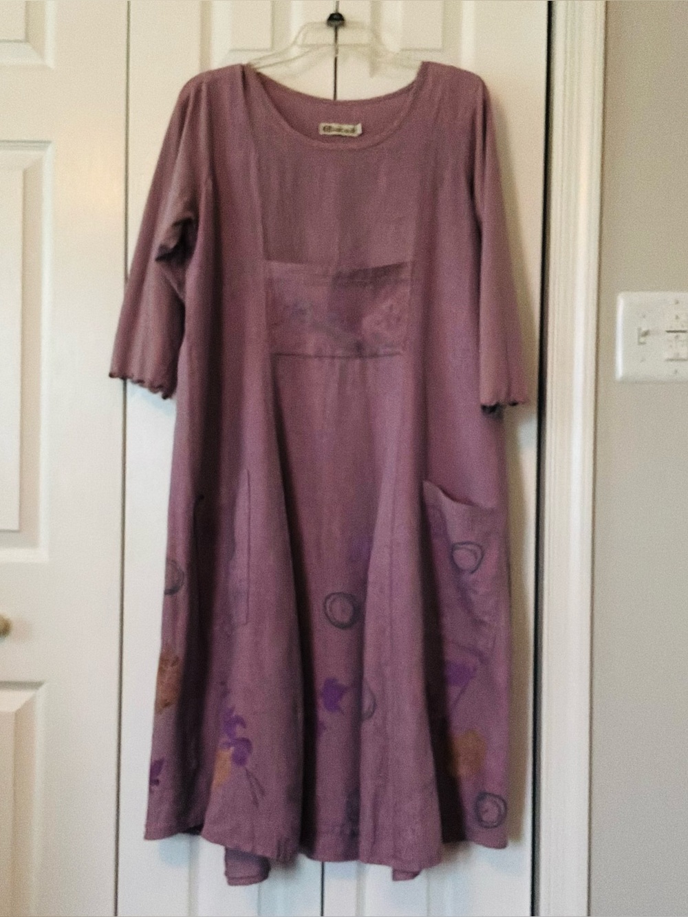 Bluefish VTG Maxi Linen Dress 3/4 Sleeve Pockets, Painted Botanical Hemline Sz 0